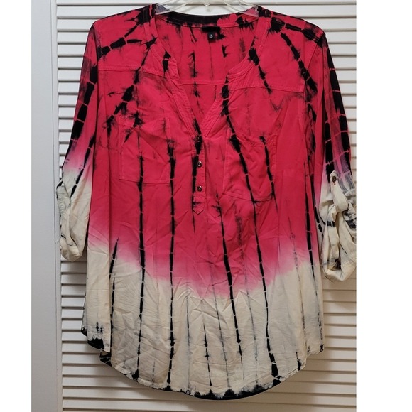 torrid Tops - Y2K Hippie Tie Dye Blouse Womens 2 Red White  Ombre Roll Tab Torrid size 2